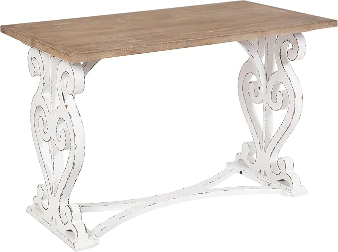 Kate and Laurel Wyldwood Farmhouse Wooden Desk; 46 x 24 x 30; Brown and White; Rustic Carved Wood Computer Desk for Functional and Stylish Home Office Decor