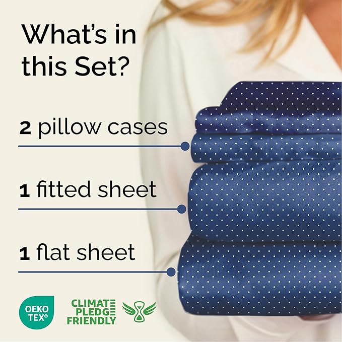 Navy Blue Polka Dots Bed Sheet Set – 1 Flat & 1 Fitted Sheet & 2 Pillowcases w/ Deep Pockets – Polka Dot Bedding - Ultra-Soft, Wrinkle & Fade Resistant - Comfy, Breathable and Cooling - Full Size Set