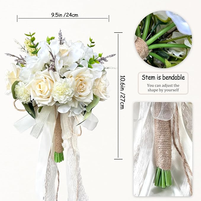 Wedding Bouquets for Bride Bridesmaid,Large Big Bridal Bouquet White Champagne Ivory Artificial Fake Silk Roses Flowers for Wedding French Vintage Boho Rustic Church Decoration Toss Bouquet (9.5in(L))