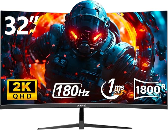 Gawfolk 32 Inch Curved Gaming Monitor, 180Hz QHD (2560x1440) 2K Computer Monitor with FreeSync, DisplayPort, HDMI, Wall Mountable, Eye Care for Home Office & Gaming