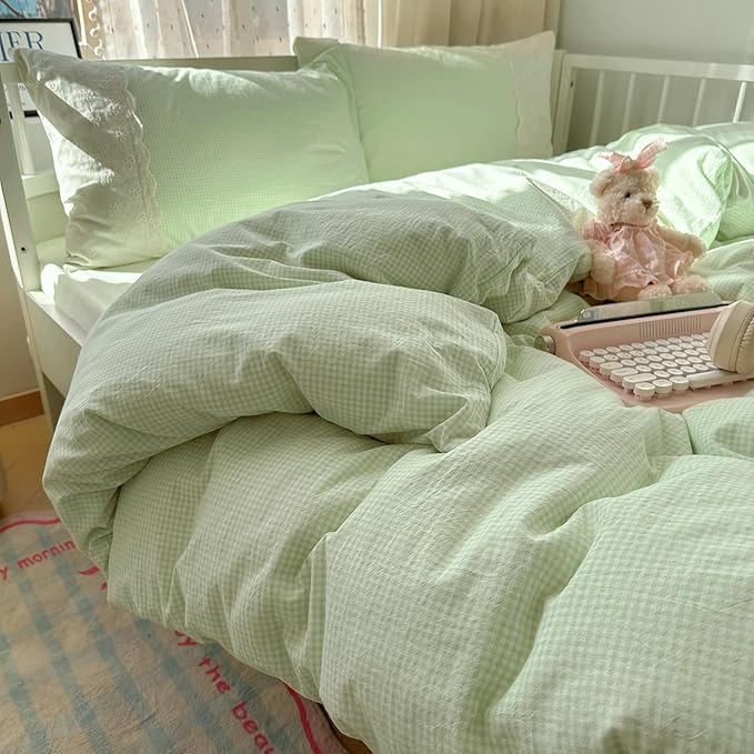 LifeTB Green Gingham Duvet Cover King 3 Pieces Romantic Lace Duvet Cover Soft Washed Microfiber Green Grid Plaid Comforter Cover with 2 Pillowcases Farmhouse Checkered Gingham Bedding Set