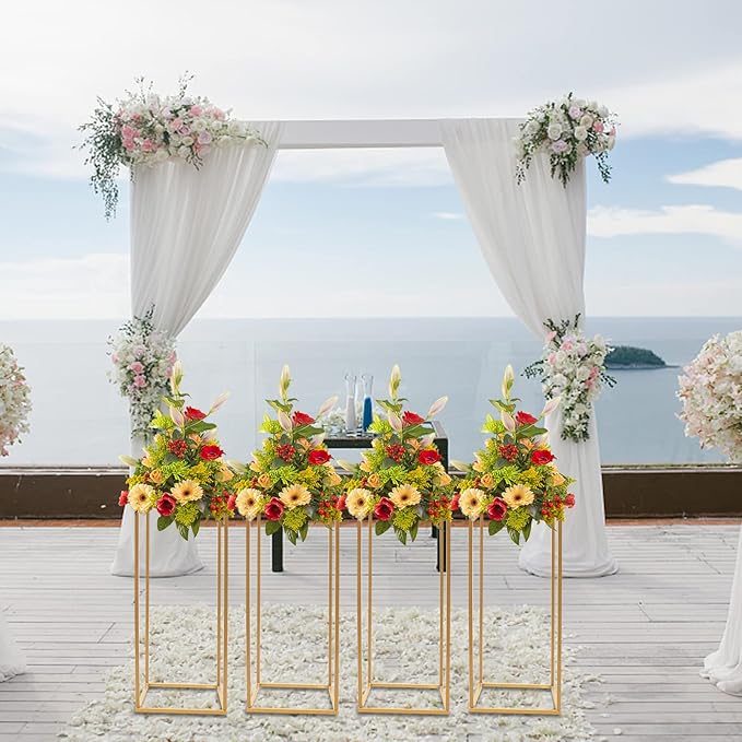 4PC 23.6" Flower Stand for Wedding Metal Cylinder Stands for Party Rectangular Gold Centerpieces Flower Vase Gold Pedestal Columns for Weddings Indoor Outdoor Flower Plant Stand Decoration