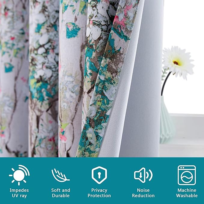 MYSKY HOME Floral Curtains 102 Inch Length 2 Panels for Living Room Bedroom Thermal Insulated Grommet Vintage Grommet Drapes for Patio，Pink and Blue, Set of 2