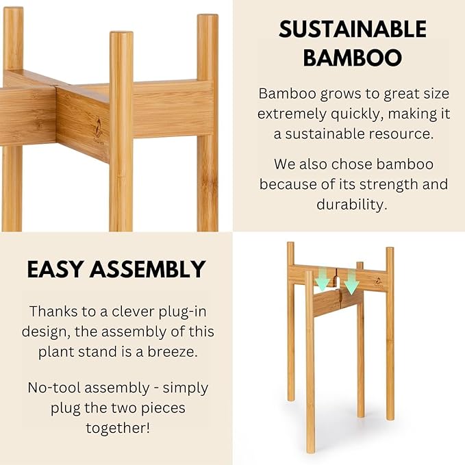 Fox & Fern Mid Century Tall Plant Stand — 10 Inch Fixed Size Raised Bamboo Plant Stand for Indoor Pots (Not Included) - Modern Flower Pot Holder with Plug In Design - Easy to Assemble - Bamboo