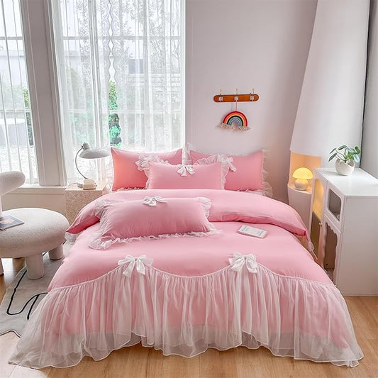 Girls Lace Bedding,Full Comforter Cover Set, Chic Ruffled Duvet Cover with Lovely Bow,Princess Style 1 Duvet Cover with 2 Pillowcases, No Comforter-Bright Pink,Full Size
