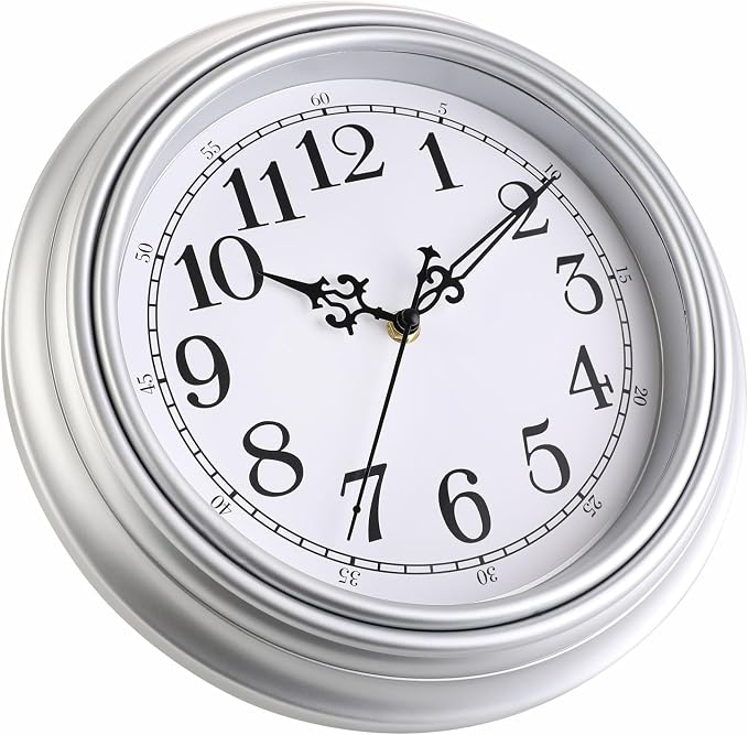 Plumeet Small Retro Wall Clock, 10'' Non Ticking Classic Silent Vintage Wall Clocks Decorative Kitchen Living Room Bedroom - Battery Operated, Silver