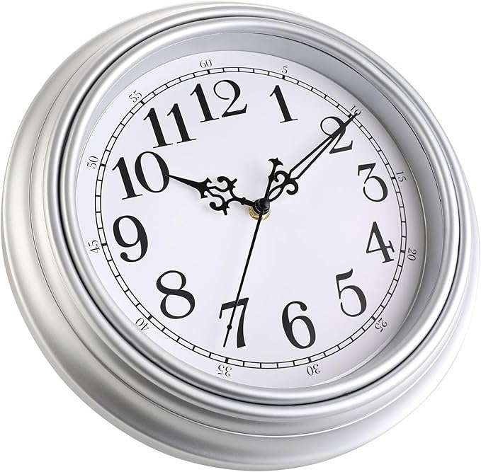 Plumeet Retro Wall Clock, 12'' Non Ticking Classic Silent Vintage Wall Clocks Decorative Kitchen Living Room Bedroom - Battery Operated, Silver