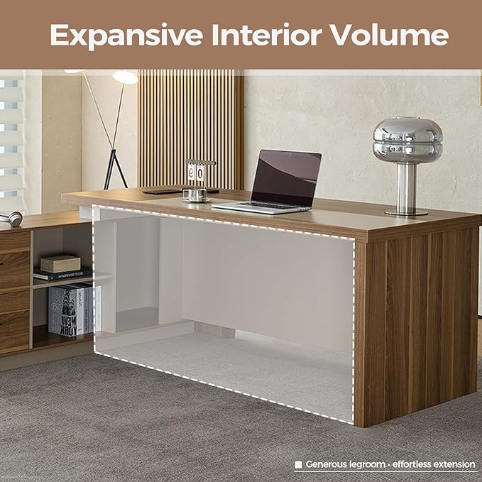 Modern L Shape Executive Desk with Drawers and Lockable Storage Cabinet, Large Executive Office Desk with Cable Management (Champagne Wood Grain+Beige/Left,79" L*63" W*30" H)