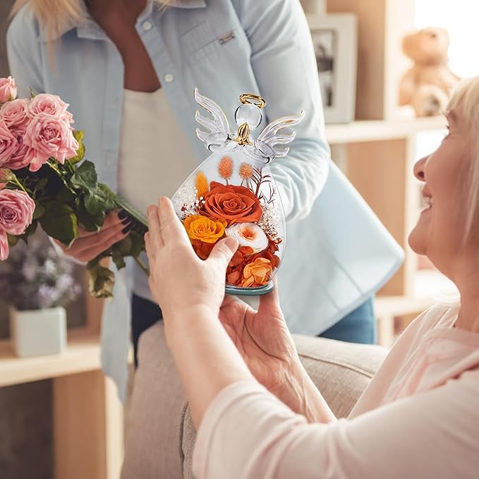 Gifts for Women Birthday Preserved Rose Forever Flower in Glass Angel Figurines Fresh Flowers for Delivery Prime for Mom Real Orange Roses for Grandma Sister Wife Her from Daughter