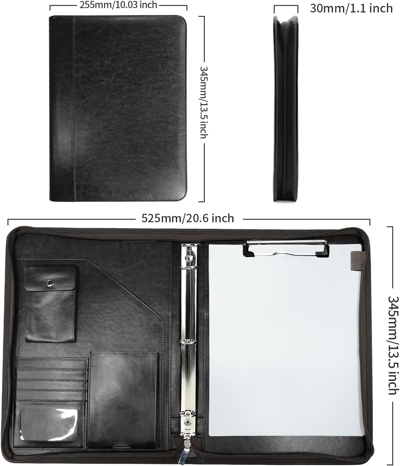 WRIYES Leather Padfolio - Professional Zippered Portfolio Organizer with 3 Ring Binder | Black