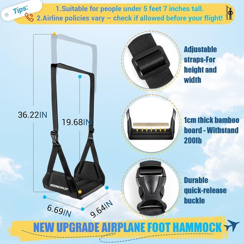 Airplane Foot Hammock - No Collapse Foot Rest for Travel | Adjustable Strap & Thick Foam Comfort