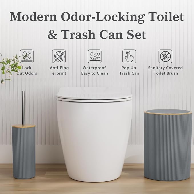 Gray Bathroom Accessories Set, 25 Pcs Bathroom Decor Set with Shower Curtain, Rugs, Trash Can, Soap Dispenser, Toothbrush Holder, Tumbler, Soap Dish, Storage Jars and Hooks for Guest Bath