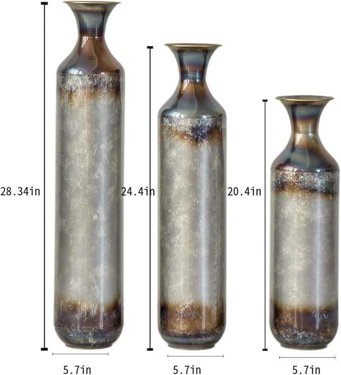 Metal Floor Vases Decorative, Set of 3 Flower Arrangement Stand, White Glazed Metal Decorative Vase Tall Distressed Metallic Centerpiece Vases, 33.5", 28.7", 24" H (Gold＆White)