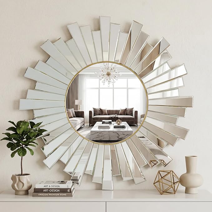 CozyDH Large Round Gold Sunburst Mirror - 26"x26" Starburst Mirror for Wall Decorative Glass Frame Boho Sun Mirrors Wall Art for Entryway Bedroom Living Room Hallway Bathroom Dining Room