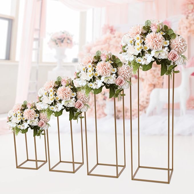 4PC Flower Stand for Wedding Metal Cylinder Stands for Party Rectangular Gold Centerpieces Flower Vase Gold Columns for Weddings Flower Plant Stand Decoration 15.74"/23.62"/31.49"/39.37"