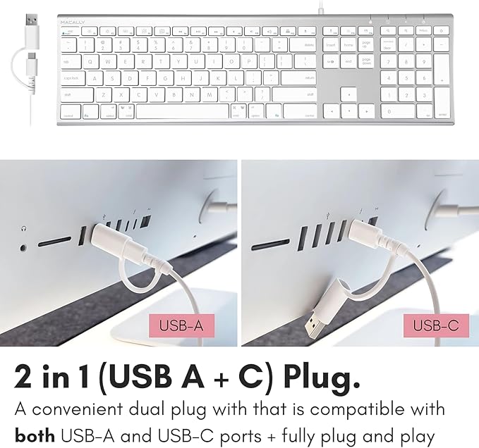 Macally Wired Keyboard for Mac (Upgraded Dual USB A + C Plug) - USB C Keyboard - Ultra Slim, 20 Shortcuts, 110 Scissor Keys - Compatible with Apple MacBook Pro/Air, Mac mini, iMac, iPad - Silver