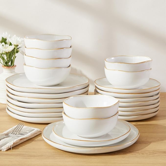 Pokini 24 Piece White Ceramic Plates and Bowls Sets for 8, Reactive Glaze Stoneware with Coastal‑Line Look | Ideal for Holiday Entertaining, Thanksgiving, and Large Family Meals