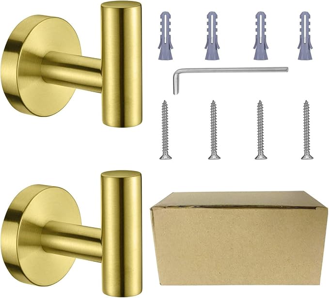 Nolimas Bathroom Towel Hooks SUS 304 Stainless Steel Coat Hook Round Clothes Towel Coat Robe Hook Cabinet Closet Door Sponges Holder for Bath Kitchen Garage Hotel,Wall Mounted,Brushed Gold,2Pack