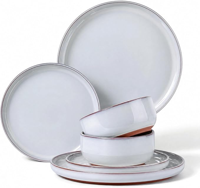 E-far Stoneware Dinnerware Sets for 2, 6 Pieces Reactive Glaze Plates and Bowls Sets, Elegant Dishes with Rustic Terracotta Base, Dishwasher & Microwave Safe, Scratch Resistant, Glacier White