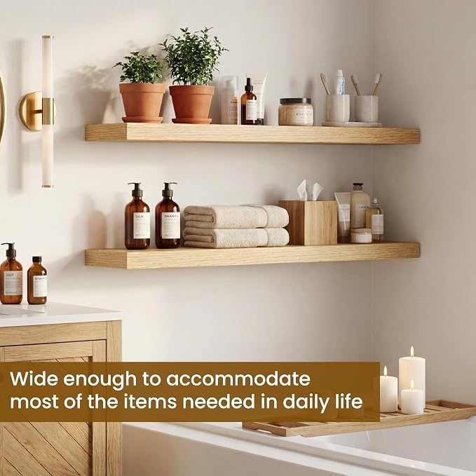 Dreamland 32inch Floating Shelves for Wall, Rustic Oak Floating Shelves for Bathroom|Bedroom|Kitchen, Deep Wall Mounted Book Shelf, Wood Storage Display Shelf for Home Decor, Set of 2