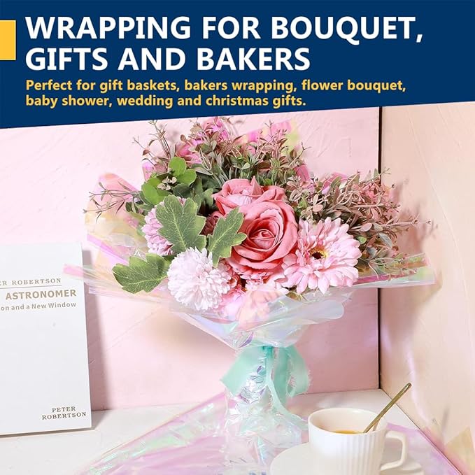 PerkHomy Iridescent 16" x 100' 3 Mil Thick Cellophane For Gift Basket Treats Goodie Wrapping Craft Flower Bouquet Plastic (Magical, 100ft (16in Width))