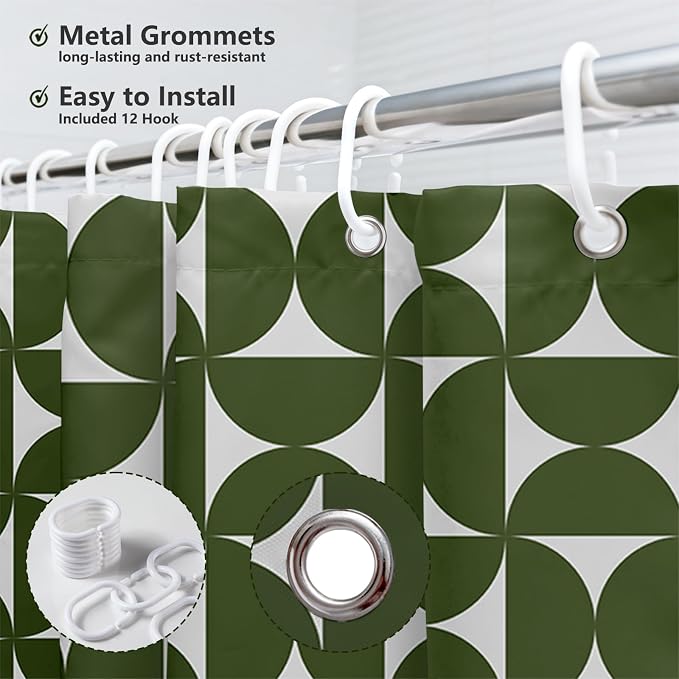 MEHOFOND Vintage Green Shower Curtain Modern Mid Century Abstract Geometric Bathroom Curtain Boho Retro Classic 1950S 60S Bathtub Decor Fabric Waterproof Bath Curtain with 12 Hook 72x72 Inch