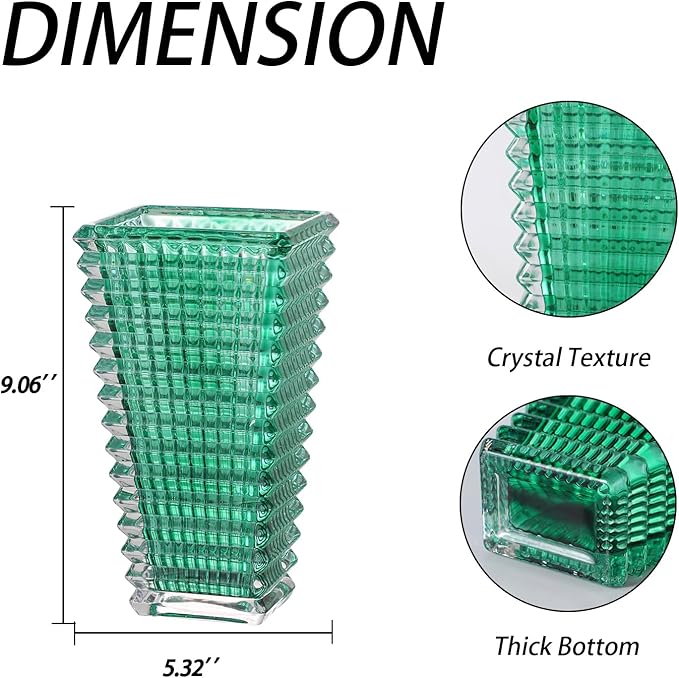MCMCNCUIU Crystal Vase, Large Crystal Vases for Flowers, Green Large Flower Vase, Modern Glass Vases for Living Room, Bedroom, Kitchen, Dining Table, Mantle, Wedding, 9 Inches