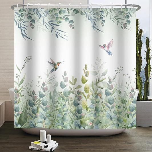 Green Leaf Shower Curtain Colourful Bird Eucalyptus Bathroom Curtain Plant Leaves Botanical Hummingbird Spring Summer Shower Curtain Sets for Bathroom Extra Long 69x70 in with 12 Hooks