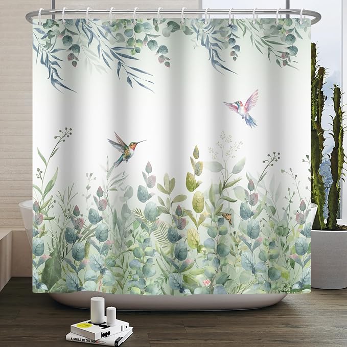Green Leaf Shower Curtain Colourful Bird Eucalyptus Bathroom Curtain Plant Leaves Botanical Hummingbird Spring Summer Shower Curtain Sets for Bathroom Extra Long 72x78 in with 12 Hooks