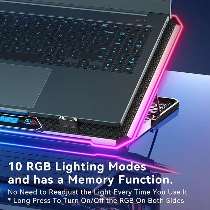 Gaming Laptop Cooler with 13 Ultra Quiet Fans, LCD Screen and Multi Color RGB - 10 Lighting Modes, 9 Adjustable Heights, Dual USB Ports, Built in Phone Holder for 15 to 21 Inch Laptops on Desk or Lap