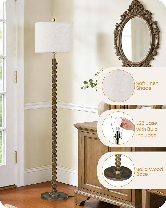 65" Oak Wood Floor Lamps for Living Room with Pull Chain Switch, Adjustable Color Temperatures, Vintage Farmhouse Floor Lamp, Tall Standing Lamp for Bedroom, Entryway, Rustic Brown FE28LD05