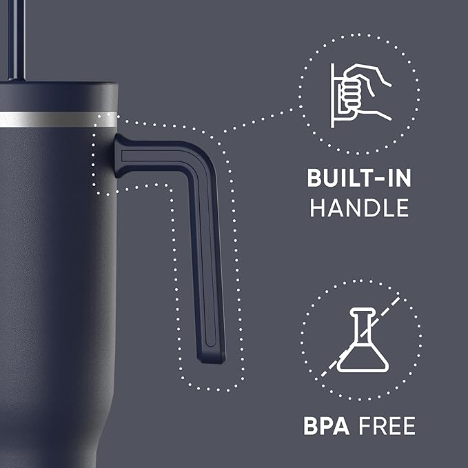 Hydrapeak Voyager 40 Oz Stainless Steel Tumbler with Handle, Insulated Water Bottle With Straw & Lid, Cupholder Friendly Reusable Travel Mug (Navy)