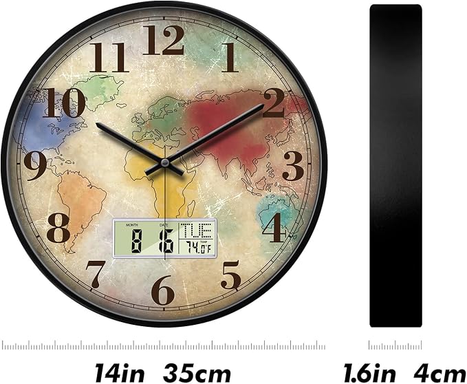 Vintage World Map Wall Clock, 14 Inch Silent Non-Ticking Battery Operated Analog Clock with LCD Date Day Temp Display, Decorative for Living Room, Bedroom, Kitchen, Study, Dining Room
