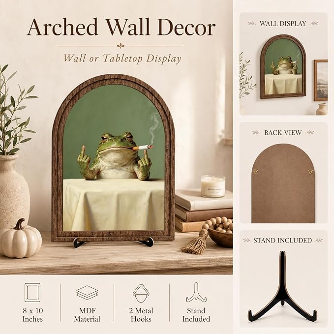 Funny Frog Tabletop Decor Sign, Arched Wooden Frame with Stand, Retro Whimsical Print, Home Office Desk Art for Living Room Bedroom, Vintage Frog Smoking Poster