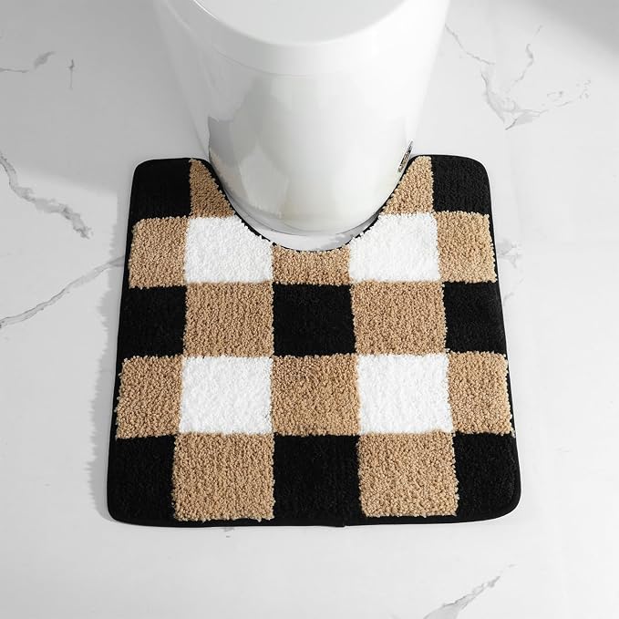 U Shape Checkered Bath Mat - Super Absorbent, Soft and Thick, Rubber Backing Non-Slip, Machine Washable Shower Rug, Bath Mat, Bathroom Home Decor Accessories, 20"x22" (50x55cm), Brown