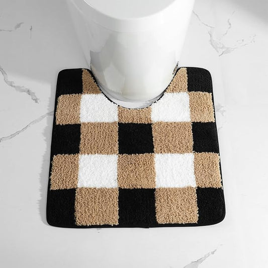 U Shape Checkered Bath Mat - Super Absorbent, Soft and Thick, Rubber Backing Non-Slip, Machine Washable Shower Rug, Bath Mat, Bathroom Home Decor Accessories, 20"x22" (50x55cm), Brown