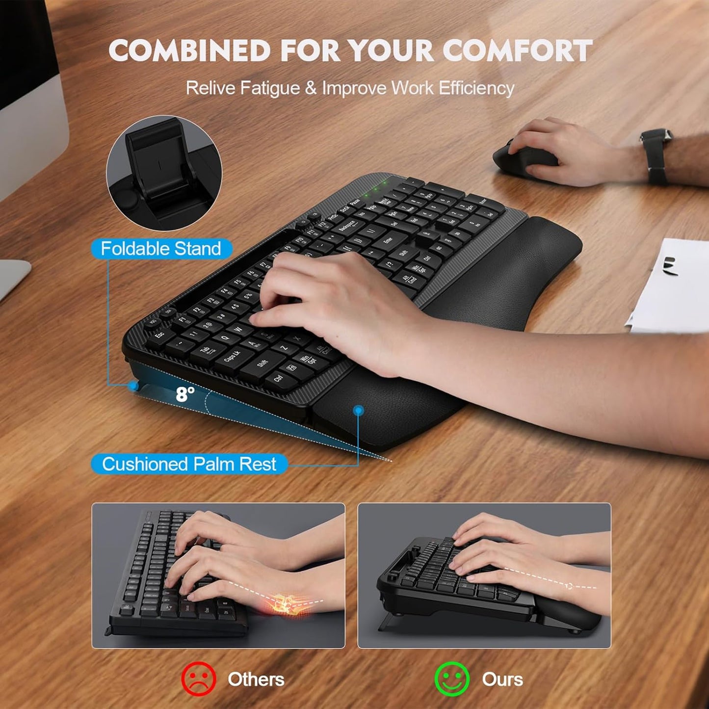 Skiennix Wireless Keyboard and Mouse Combo - Ergonomic Full-Sized Design with Cushioned Palm Rest | 2.4G Cordless for PC, Laptop, Mac