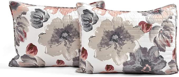 Lush Decor Leah Reversible Floral Quilt Set, 3 Piece Set, Full/Queen, Coral & Gray - Watercolor Botanical - Cottage Core - French Country Decor- Bedding Queen Size