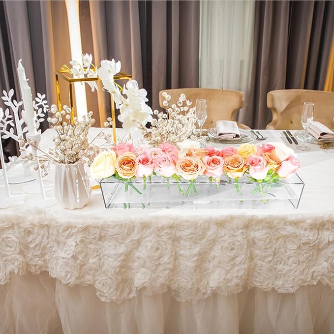 4Pcs Acrylic Flower Vase with 64 Holes,63 inch Decorative Long Clear Vase Modern,Rectangular Acrylic Vases Clear Floral Centerpiece for Dining Table Reception Home Party Decorations