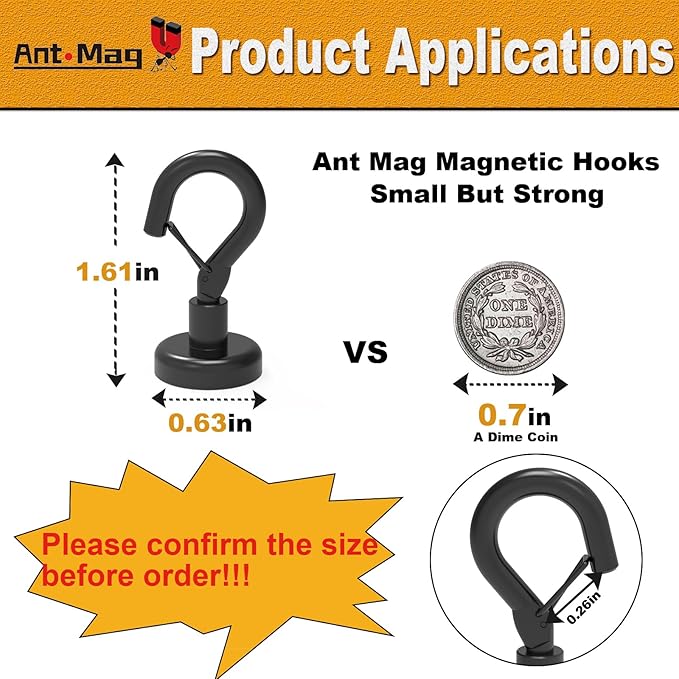Ant Mag Black Magnetic Hooks Heavy Duty with Snap 22lbs Strong Magnet Hooks Great Hanging for Refrigerator, Cruise Cabin, Grill, Wreath,Kitchen,Office 8 Pack