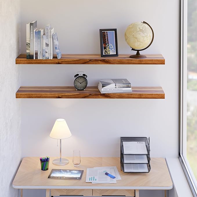 BATODA Set of 2 36" Wood Floating Shelves Wall Mounted – Rustic Farmhouse Wooden Wall Storage Shelf for Bedroom, Kitchen, Home Décor - Brackets and Shelving Hardware Included (Acacia, 36inch)