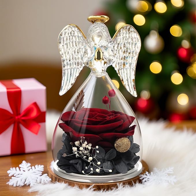 Yamonic Mom Birthday Gifts for Women,Glass Angel Figurines Real Rose Gifts for Grandma,Preserved Roses Forever Flower for Christmas Mothers Day Wife Anniversary Valentine's Day Gifts for Her(WineRed)