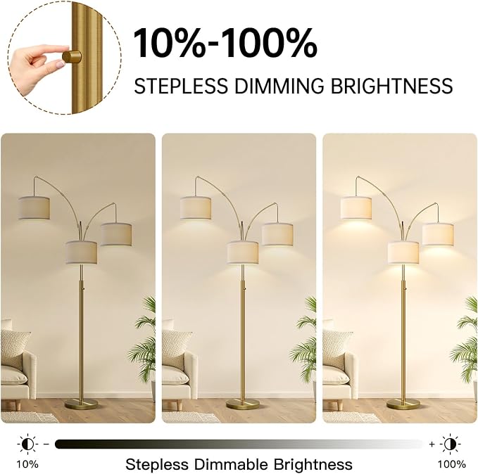 Dimmable Floor Lamp, 3 Light Brass Arc Floor Lamp, Modern Tall Standing Tree Lamp with White Linen Shades & Heavy Base, 3000LM LED Bulbs, Bright Lighting for Living Room, Bedroom, Office & Reading