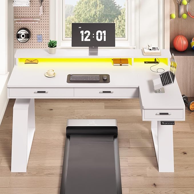 SEDETA 59 Inch L Shaped Electric Standing Desk with Drawers, Executive Adjustable Desk with Power Outlets, Monitor Stand, Sit Stand Computer Table for Home Office, White