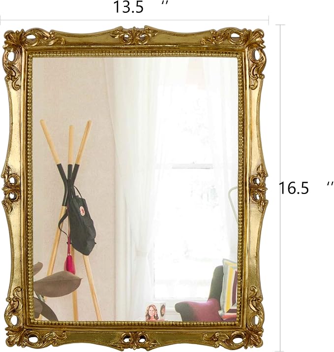 Funerom Vintage Decorative Mirror, Wall Mounted & Tabletop Makeup Mirror ，Square (Antique Gold, 16.5 x 13.5 inch)
