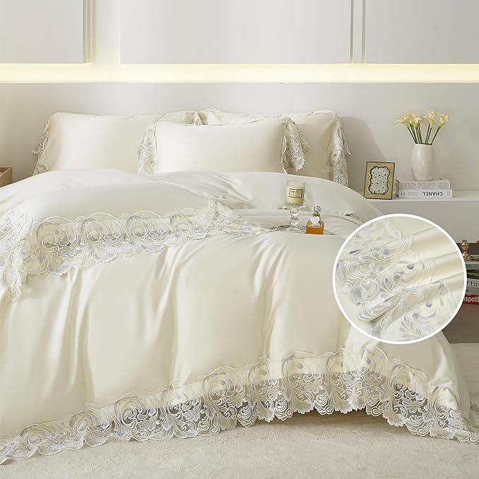 mixinni Luxury Satin Duvet Cover Set with Embroidery Lace, Silky Soft Bedding Set (1 Duvet Cover + 2 Pillowcases), Cream White - Elegant Bedroom Comforter Cover, Vintage Royal Style-Full Size