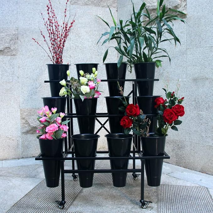 Zhongma Moving Plant Stand with Wheels Heavy Duty Garden Cart Display Flower Shelf with 12pcs Plastic Buckets for Fresh Flowers