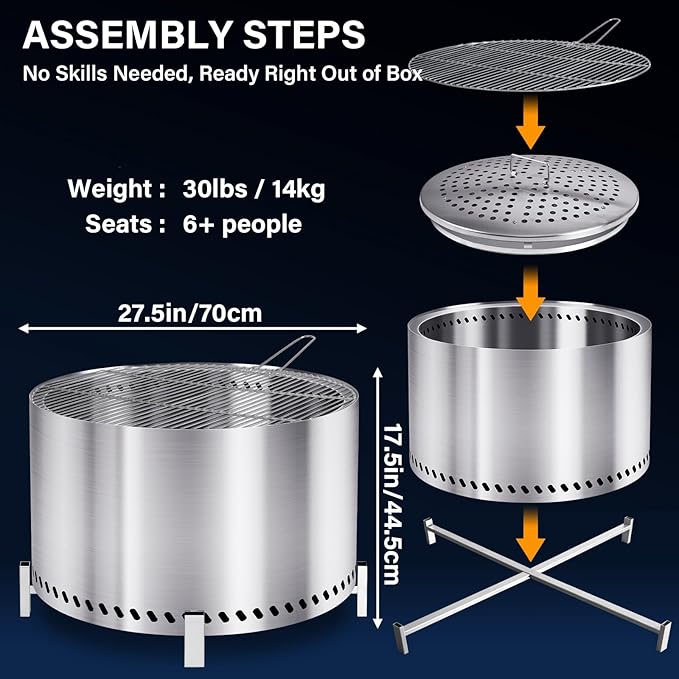 HGD 28" Smokeless Firepit with Stand & Grill Rack, Large Stainless Steel Wood Burning Fire Pit for Friends & Family Gatherings, Secondary Combustion Outdoor Patio Stove for Garden BBQ & Bonfire