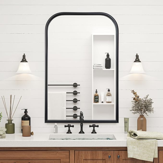 24"x36" Arch Wall Mirror Bathroom Mirror for Wall Mounted, Tempered Glass, Wood Grain Finish Frame Wall Mirror Decorative for Living Room Bedroom Entryway, Black
