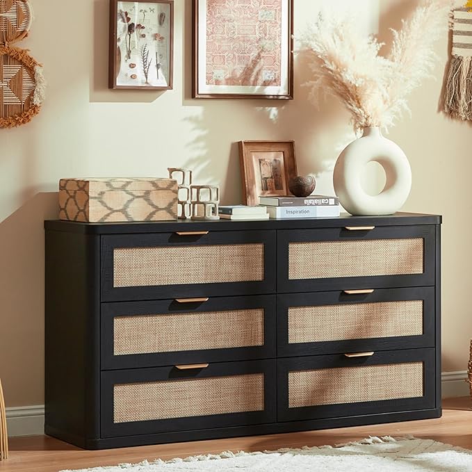 LEYAOYAO Rattan 6 Drawer Dresser for Bedroom Set of 2, Boho 54" Wide Black Dresser Chest of Drawers, Dressers TV Stand with Metal Handle, Storage Dressers Closet Organizer for Living Room, Hallway